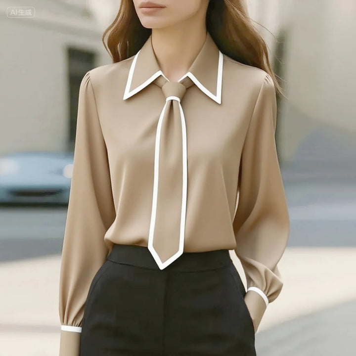Olivia | Elegant Tie Neck Contrast Collar Blouse