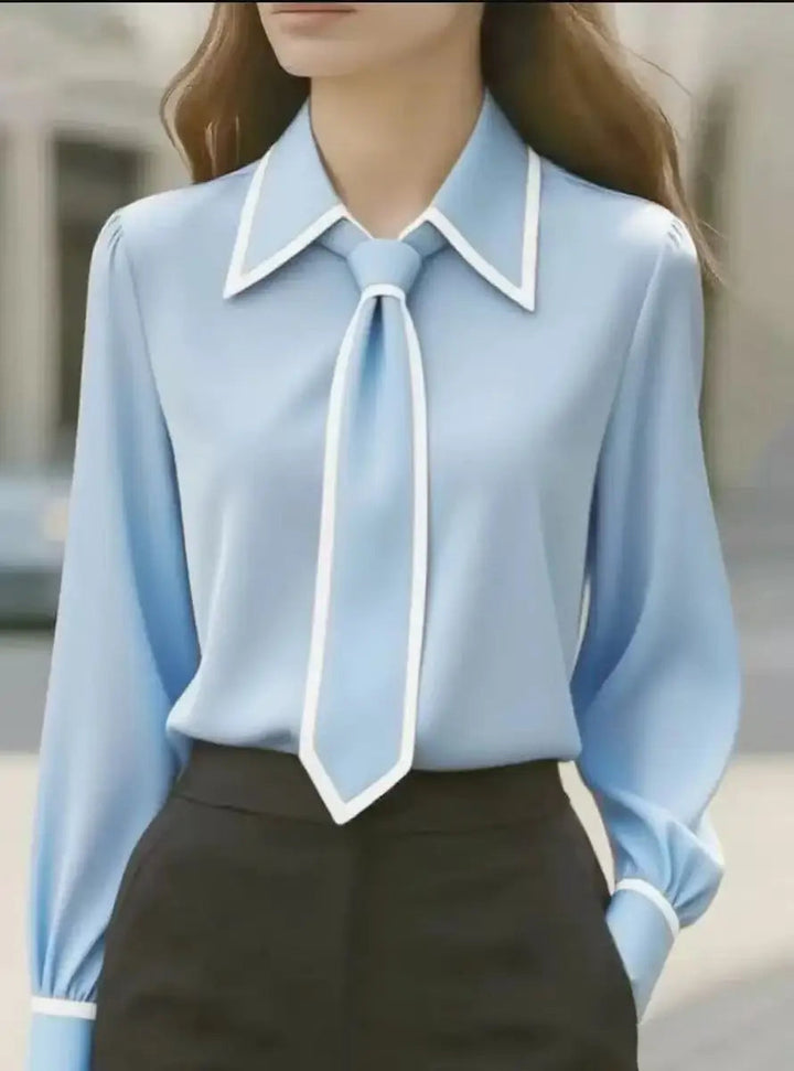 Olivia | Elegant Tie Neck Contrast Collar Blouse