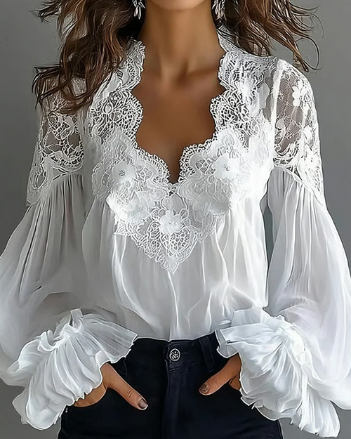 Clara | Elegant Floral Lace Lantern Blouse