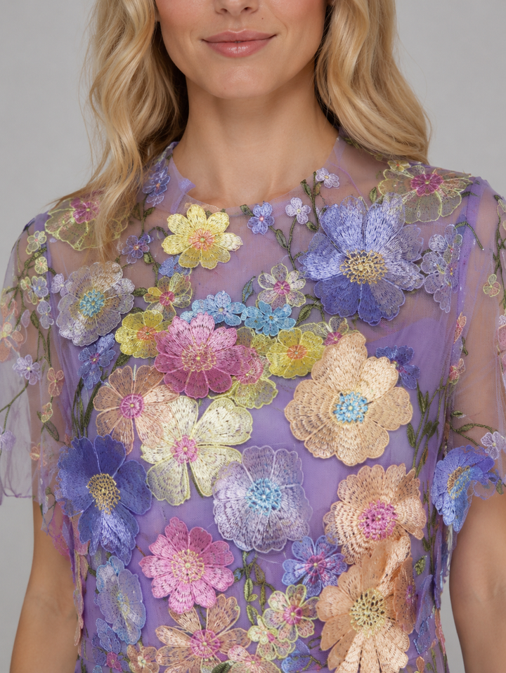 Women's 3D Floral Embroidered Tulle Maxi Dress – Elegant Occasion Gown