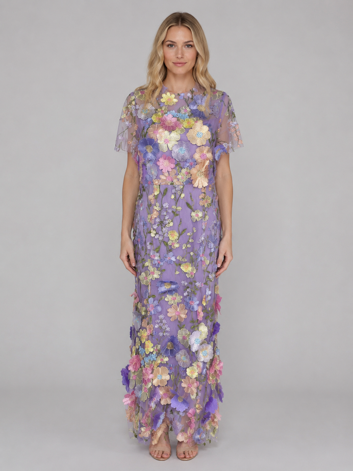 Women's 3D Floral Embroidered Tulle Maxi Dress – Elegant Occasion Gown