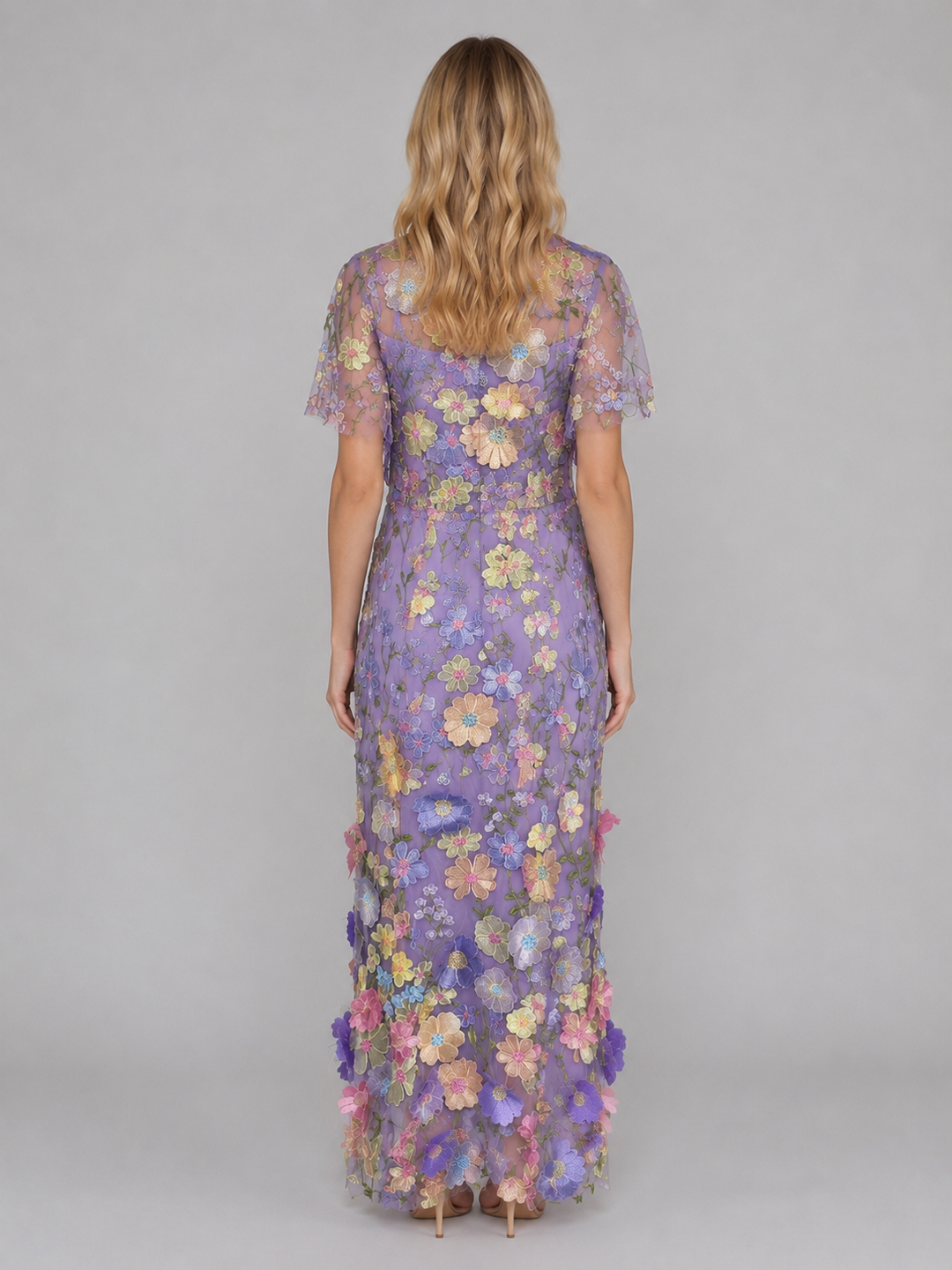 Women's 3D Floral Embroidered Tulle Maxi Dress – Elegant Occasion Gown