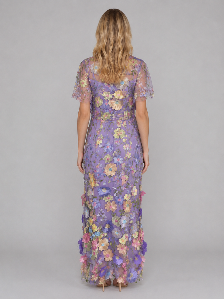 Women's 3D Floral Embroidered Tulle Maxi Dress – Elegant Occasion Gown