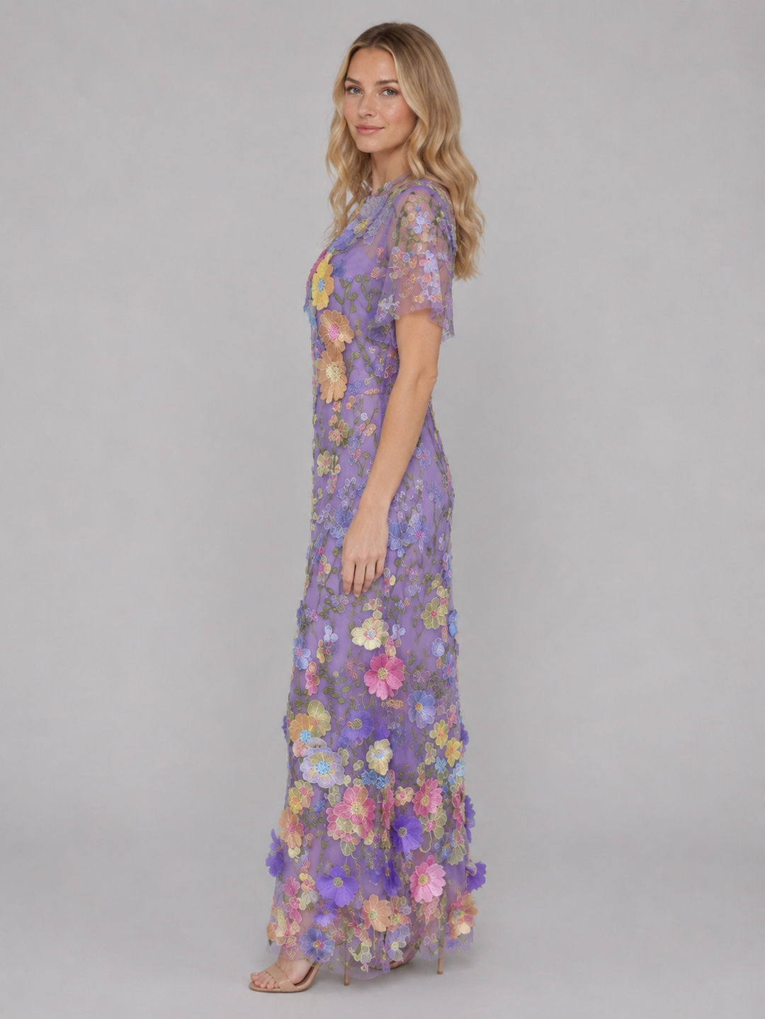Women's 3D Floral Embroidered Tulle Maxi Dress – Elegant Occasion Gown