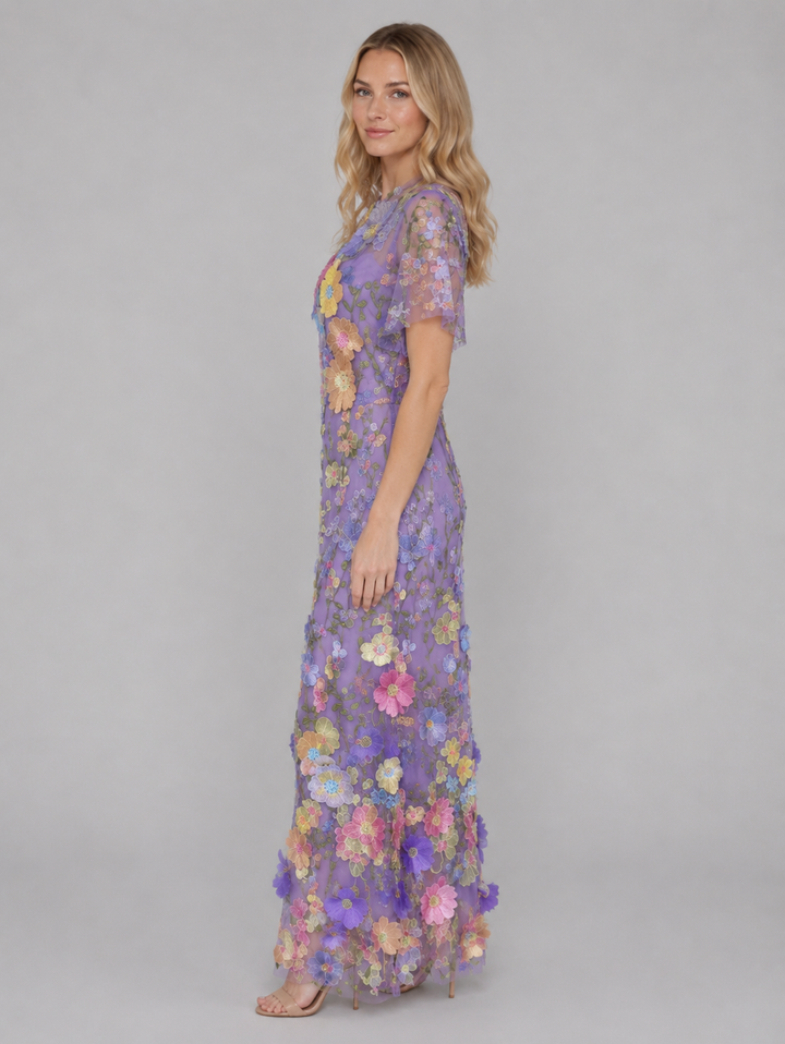 Women's 3D Floral Embroidered Tulle Maxi Dress – Elegant Occasion Gown