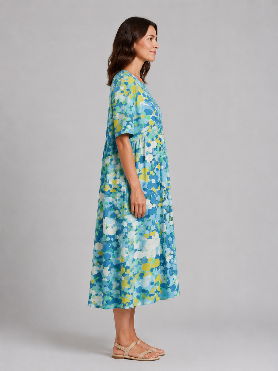 Women's Abstract Print Midi Dress with Pockets – Summer Holiday Style