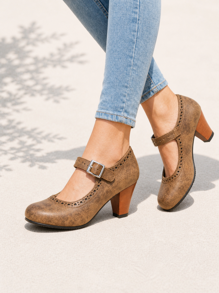 Women’s Block Heel Mary Jane Shoes – Classic Brogue Design