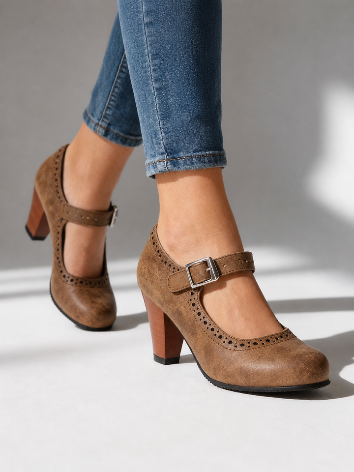 Women’s Block Heel Mary Jane Shoes – Classic Brogue Design