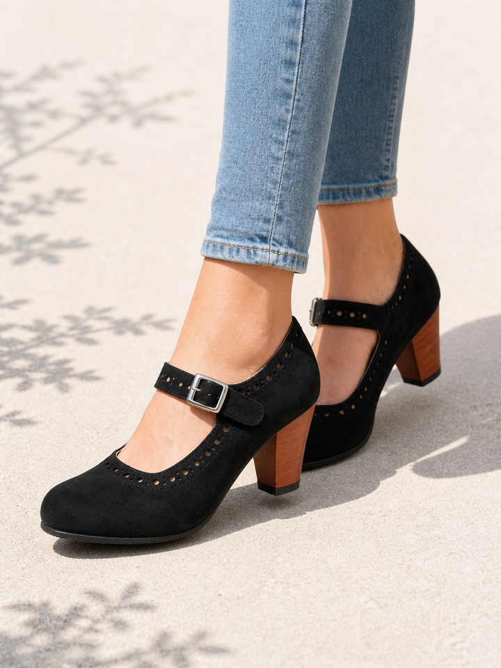 Women’s Block Heel Mary Jane Shoes – Classic Brogue Design