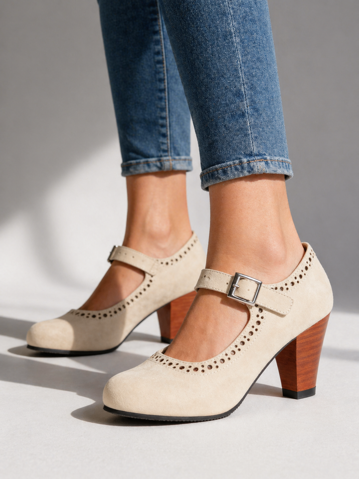 Women’s Block Heel Mary Jane Shoes – Classic Brogue Design