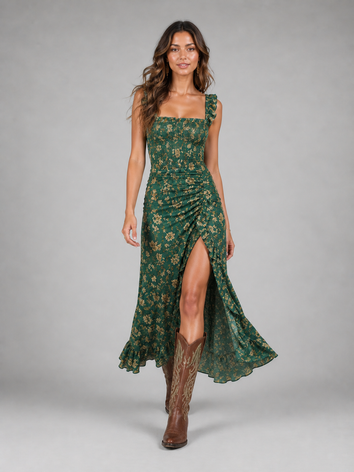 Women’s Boho Floral Side Slit Maxi Dress – Flowing Silhouette