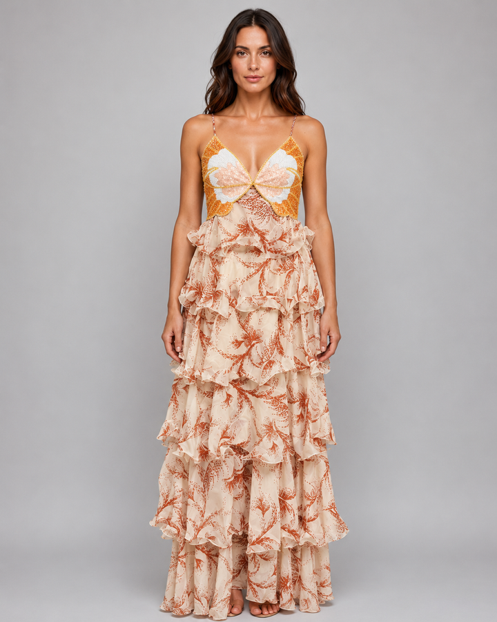 Women's Butterfly Ruffle Maxi Dress - Flowing Silhouette