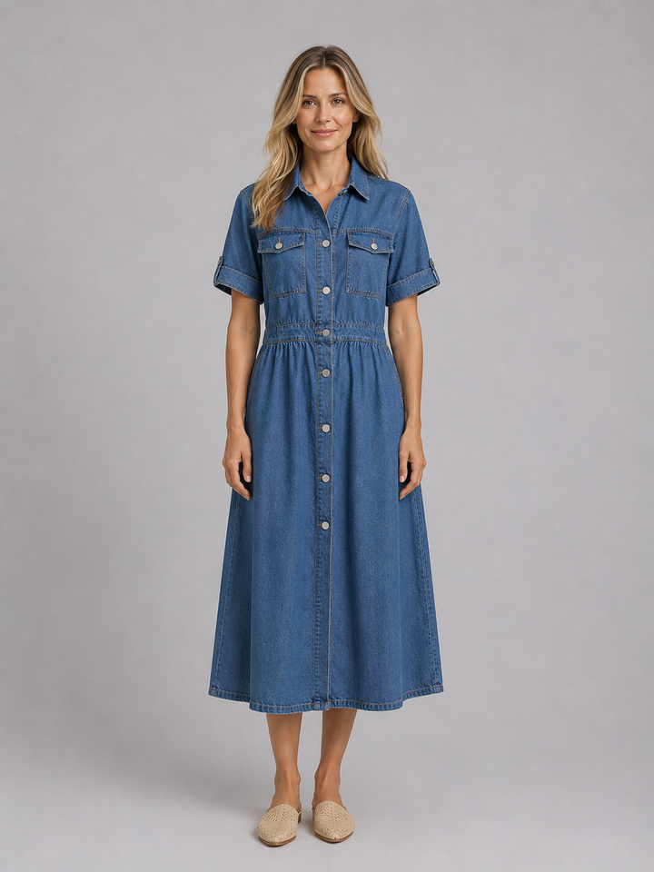 Women's Button Front Denim Midi Dress – Classic Shirt Style