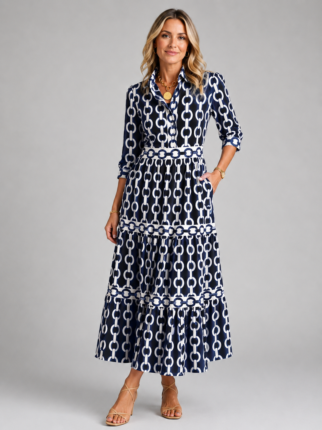 Women’s Chain Print Midi Dress – Flattering Relaxed Fit