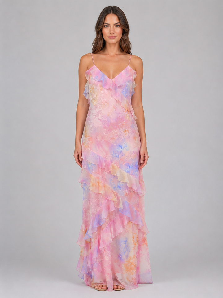 Women’s Chiffon Floral Ruffle Maxi Dress – Wedding Guest Occasion