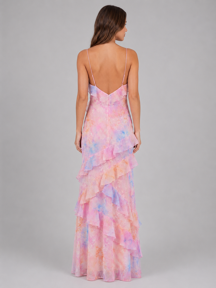 Women’s Chiffon Floral Ruffle Maxi Dress – Wedding Guest Occasion