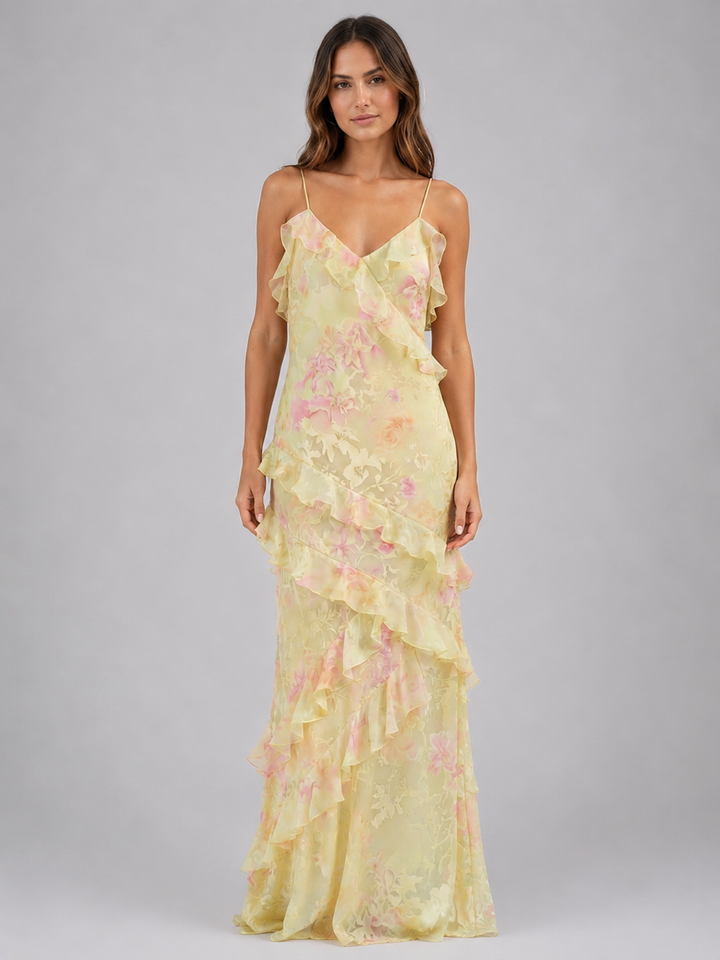 Women’s Chiffon Floral Ruffle Maxi Dress – Wedding Guest Occasion