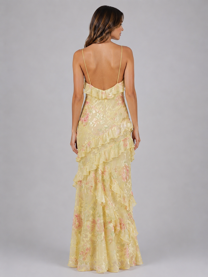 Women’s Chiffon Floral Ruffle Maxi Dress – Wedding Guest Occasion