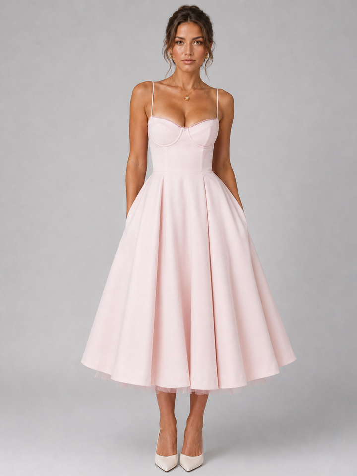 Women’s Corset Midi Dress with Full Skirt – Elegant Occasion Style