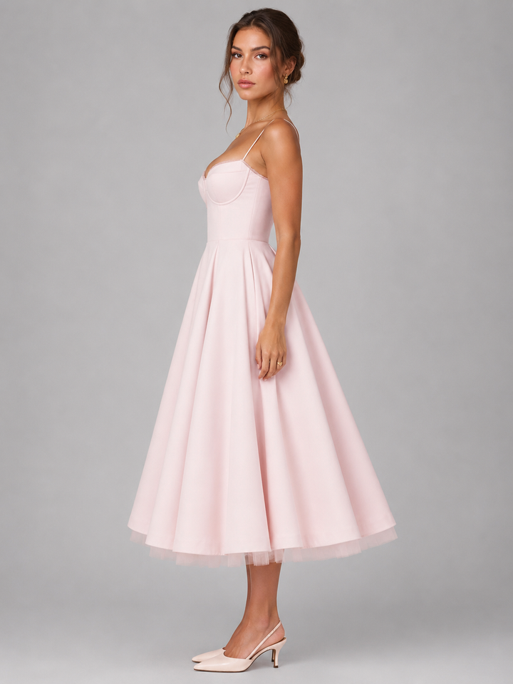 Women’s Corset Midi Dress with Full Skirt – Elegant Occasion Style