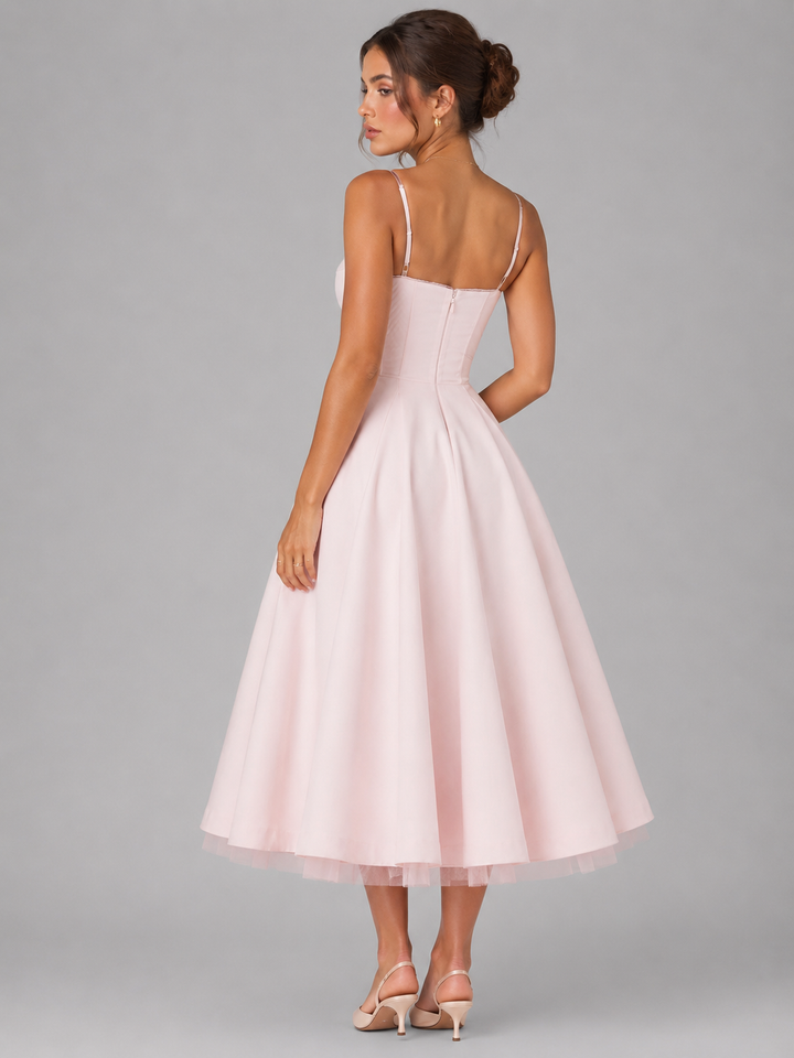 Women’s Corset Midi Dress with Full Skirt – Elegant Occasion Style