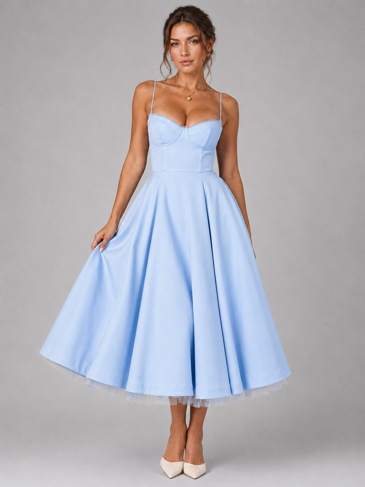 Women’s Corset Midi Dress with Full Skirt – Elegant Occasion Style