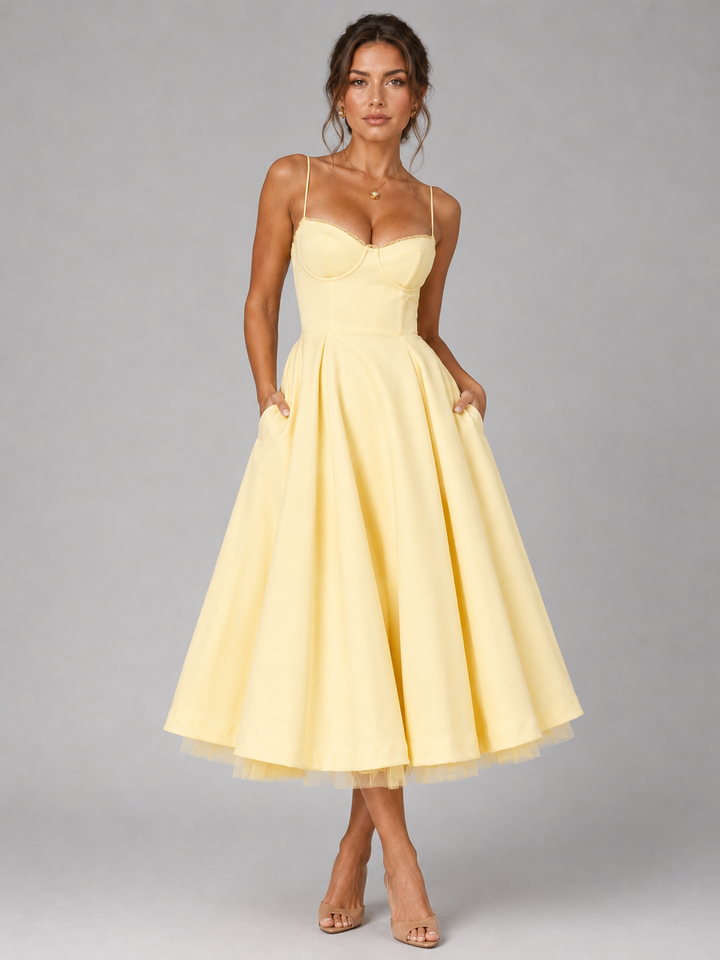Women’s Corset Midi Dress with Full Skirt – Elegant Occasion Style