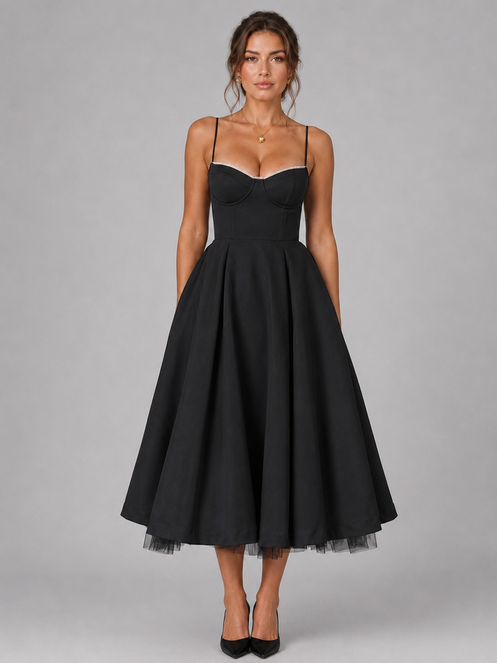 Women’s Corset Midi Dress with Full Skirt – Elegant Occasion Style