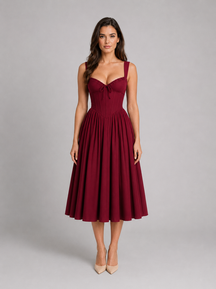 Women's Corset Pleated Midi Dress – Wedding Guest Occasion