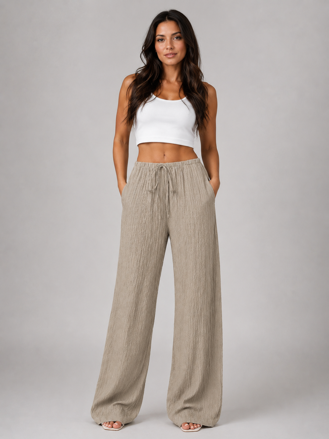Women's Crinkle Wide Leg Trousers – Drawstring Waist
