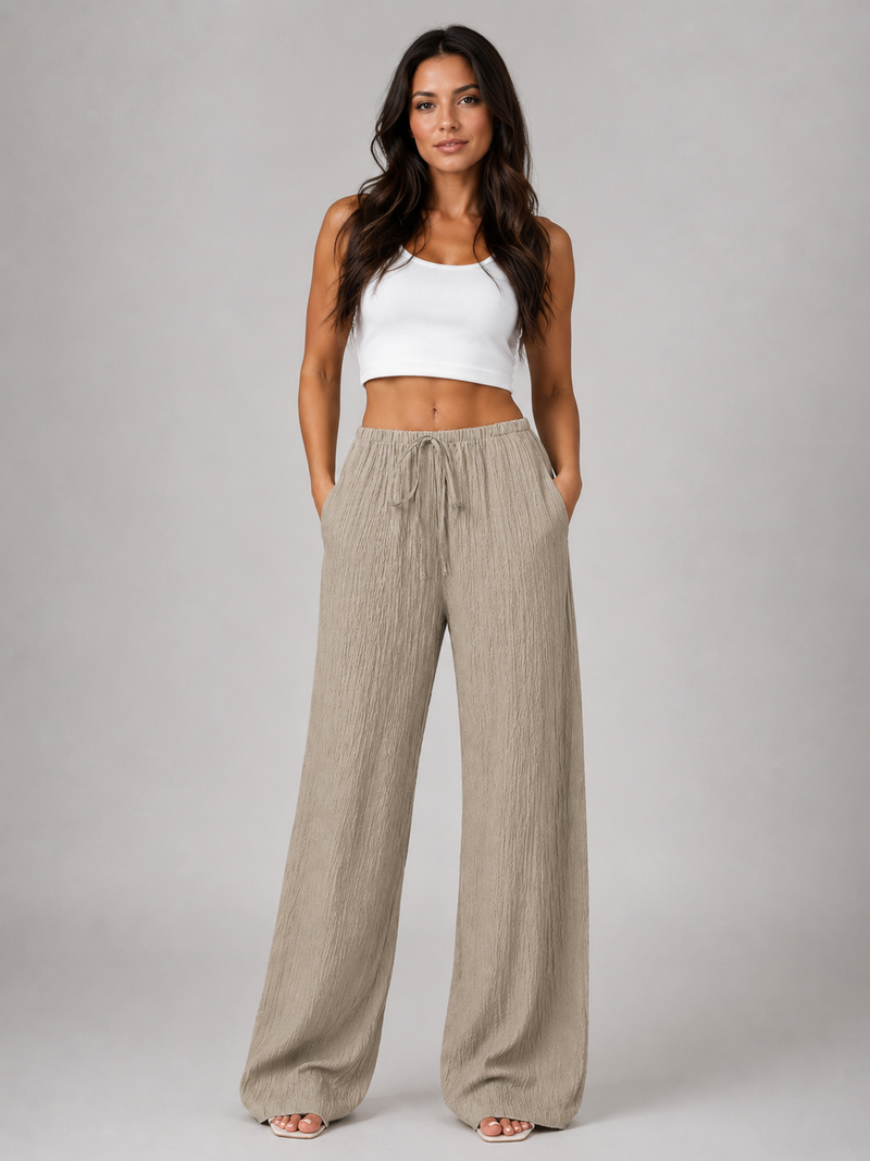 Women's Crinkle Wide Leg Trousers - Drawstring Waist