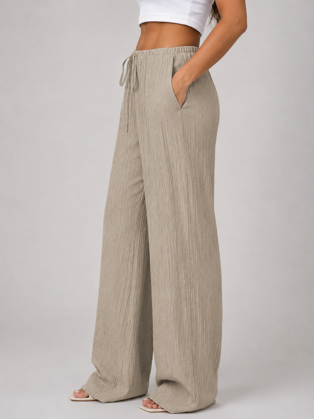Women's Crinkle Wide Leg Trousers – Drawstring Waist