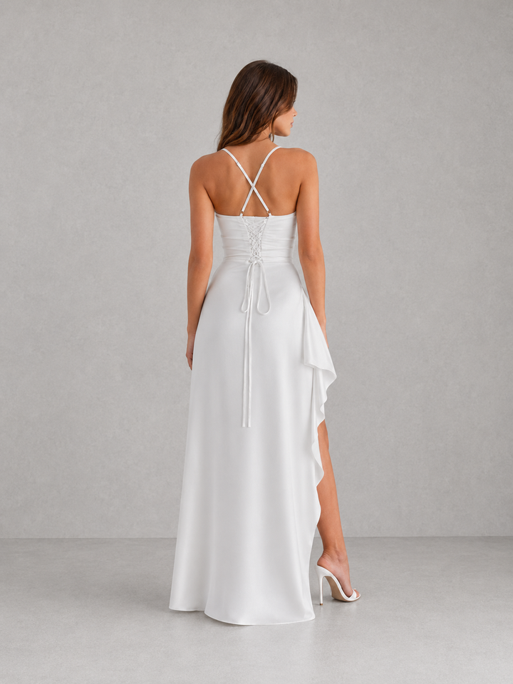 Women's Draped Satin Feel Maxi Dress – Ruched Waist Evening Gown