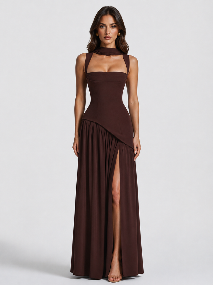 Women’s Draped Satin Feel Maxi Dress - Sculpted Elegant Silhouette