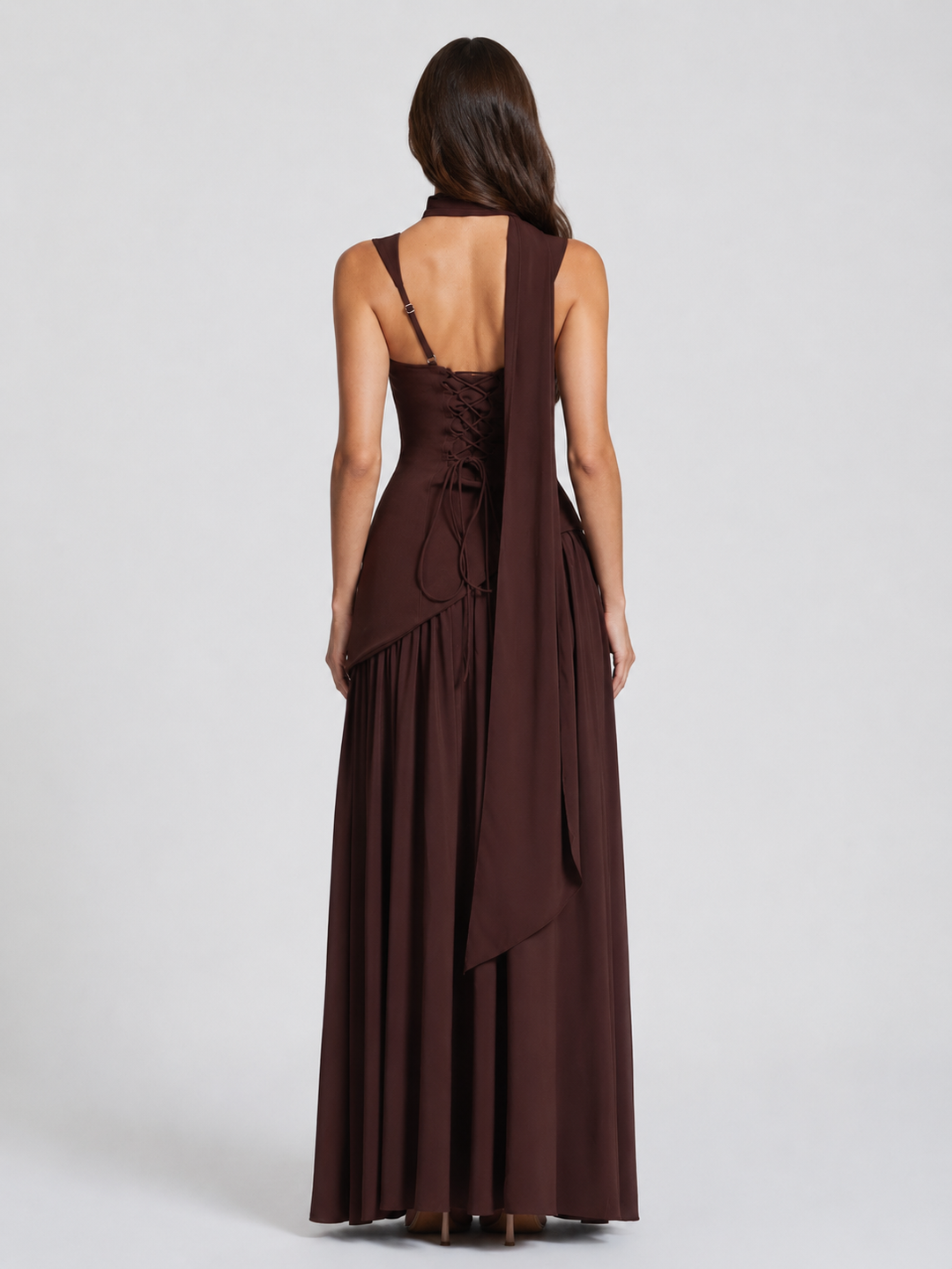 Women’s Draped Satin Feel Maxi Dress – Sculpted Elegant Silhouette