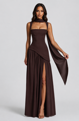 Women’s Draped Satin Feel Maxi Dress – Sculpted Elegant Silhouette