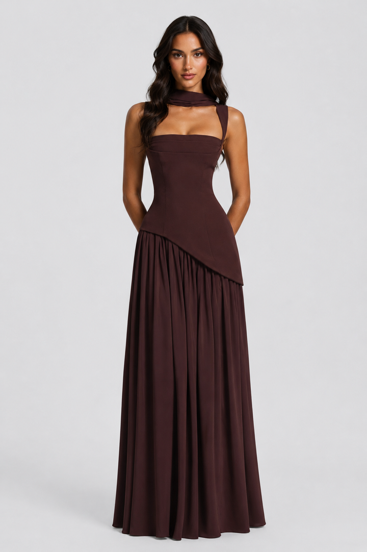 Women’s Draped Satin Feel Maxi Dress – Sculpted Elegant Silhouette
