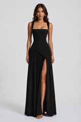 Women’s Draped Satin Feel Maxi Dress – Sculpted Elegant Silhouette