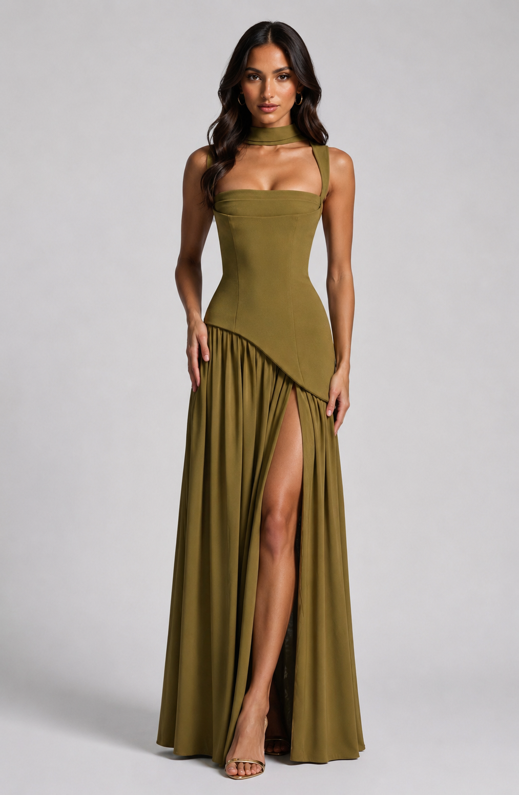 Women’s Draped Satin Feel Maxi Dress – Sculpted Elegant Silhouette