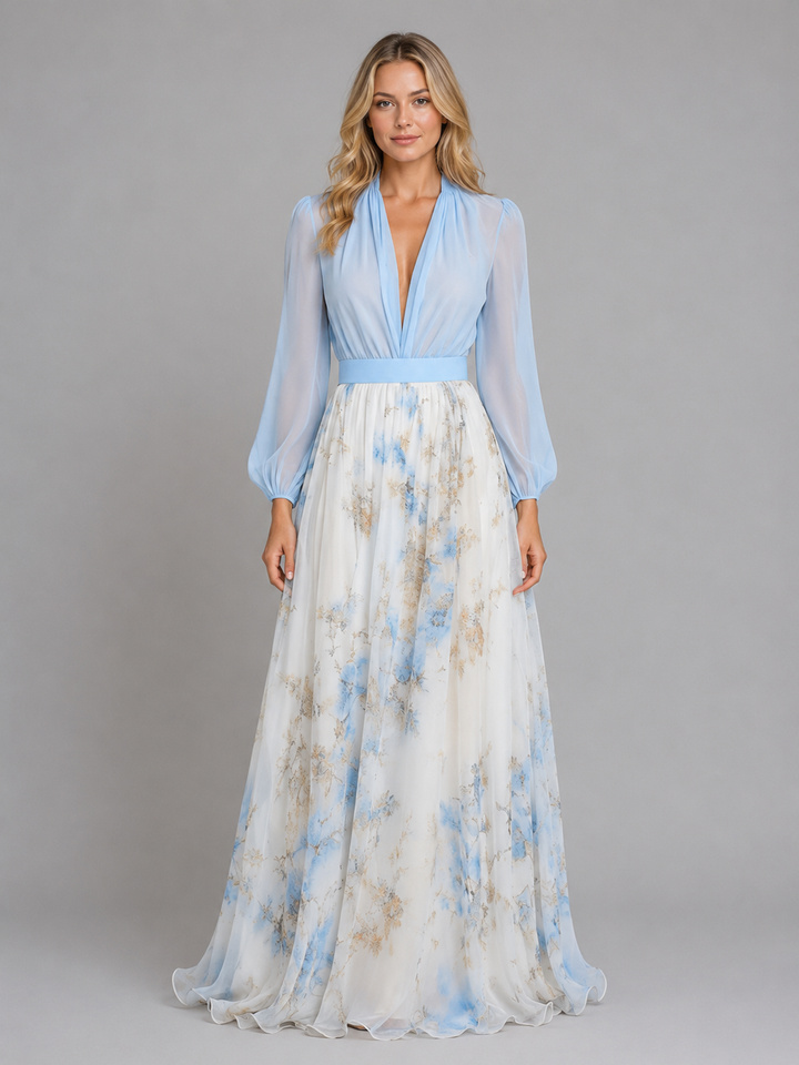 Women’s Floral Chiffon Maxi Dress - Flowing Silhouette