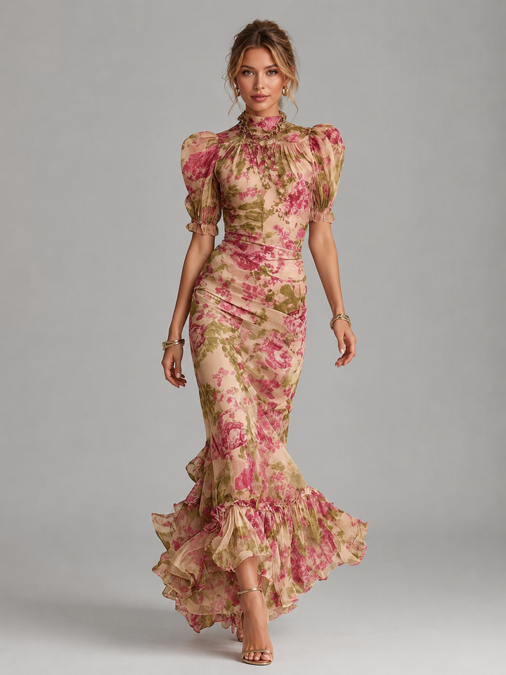 Women’s Floral Chiffon Maxi Dress – Puff Sleeve Fishtail Gown