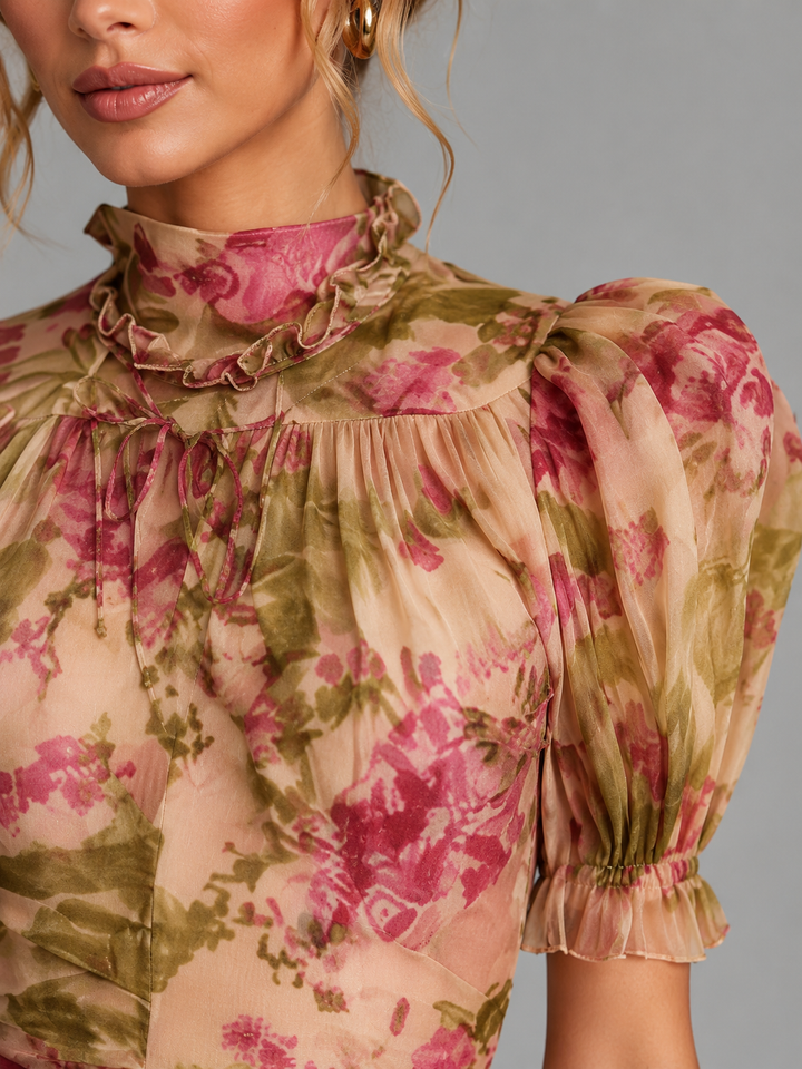 Women’s Floral Chiffon Maxi Dress – Puff Sleeve Fishtail Gown
