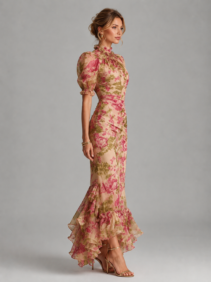 Women’s Floral Chiffon Maxi Dress – Puff Sleeve Fishtail Gown