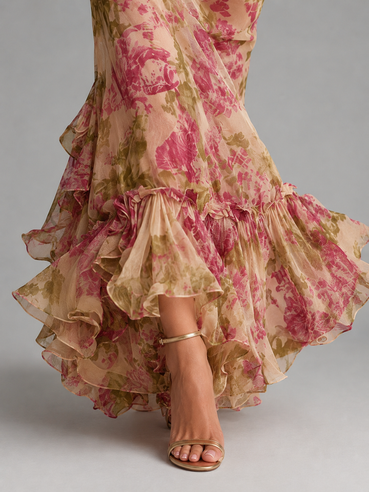 Women’s Floral Chiffon Maxi Dress – Puff Sleeve Fishtail Gown