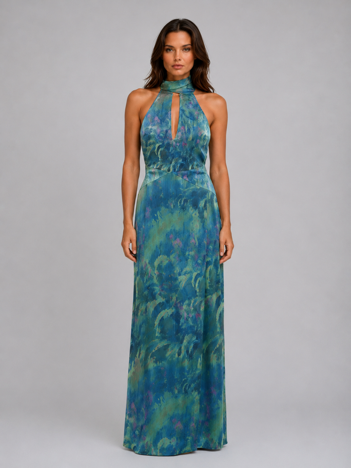 Women's Floral Chiffon Maxi Dress – Scarf Neck Halter Design