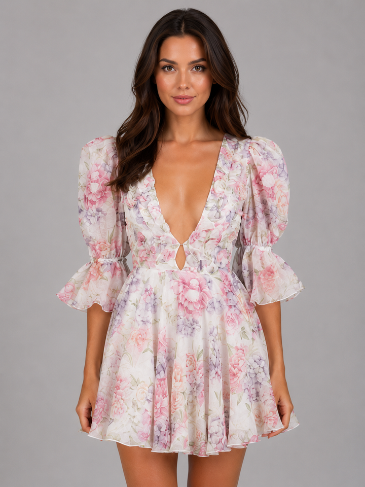Women’s Floral Chiffon Mini Dress – Elegant Summer Occasion