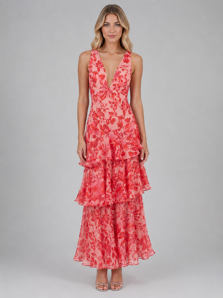 Women’s Floral Chiffon Ruffle Maxi Dress - Summer Occassion Style