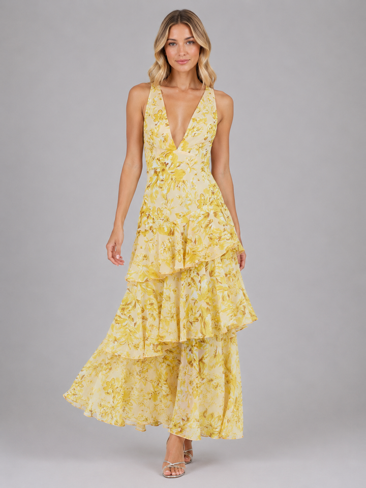 Women’s Floral Chiffon Ruffle Maxi Dress – Summer Occassion Style