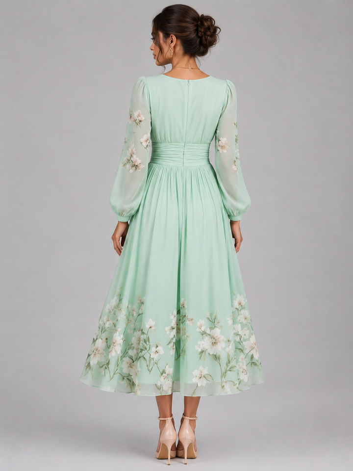 Women’s Floral Chiffon V-Neck Midi Dress – Flowing A-Line Fit