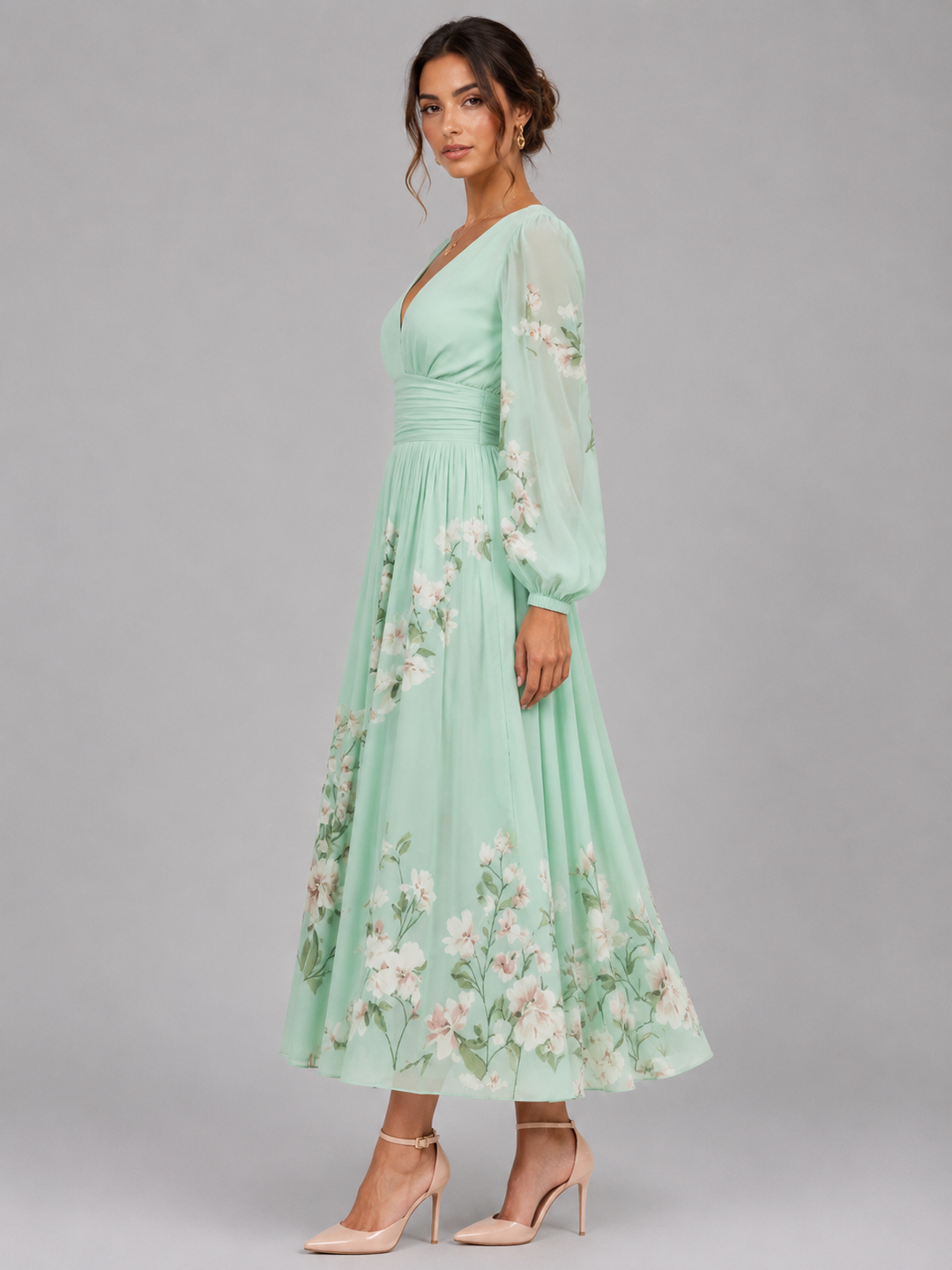 Women’s Floral Chiffon V-Neck Midi Dress – Flowing A-Line Fit